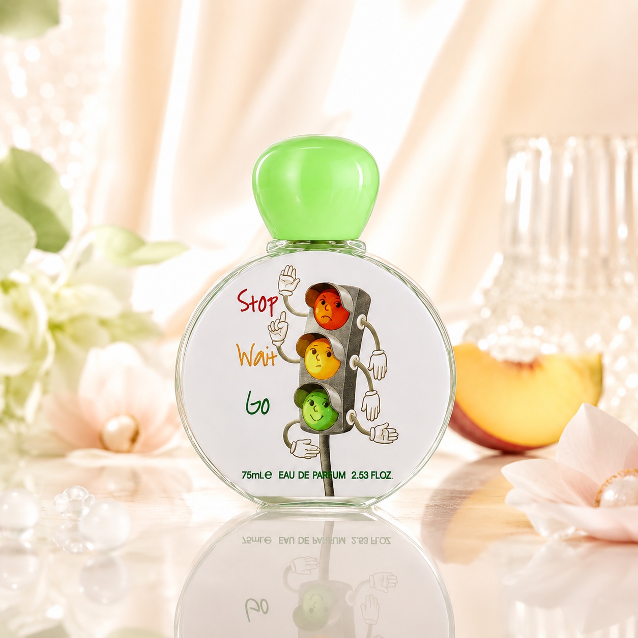 Flacon Stop Wait Go Lattafa Pride 75 ml parfum unisex cu semafor colorat, capac verde și design jucăuș