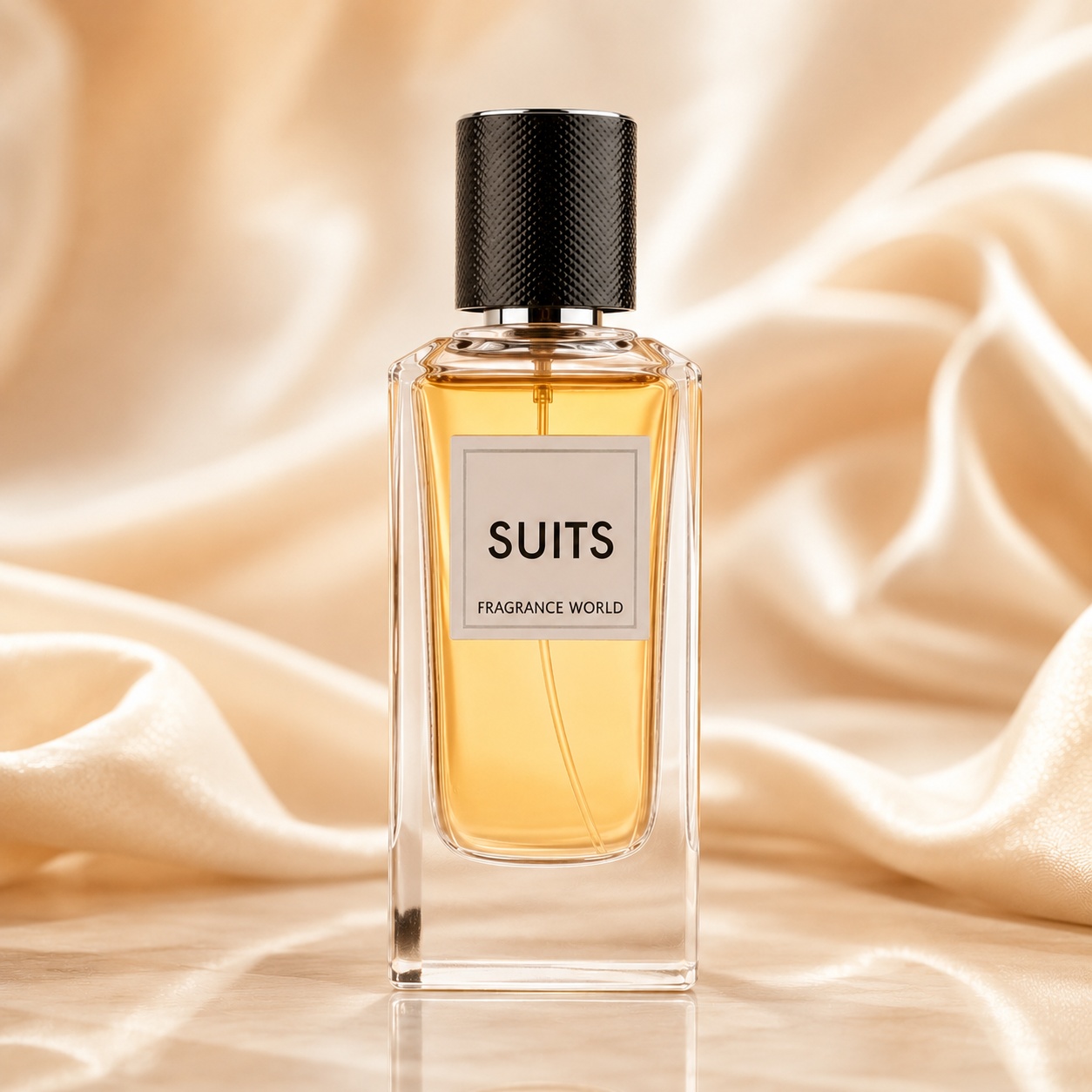 Flacon Suits Fragrance World 100 ml Apă de Parfum unisex cu lichid ambrat și capac negru elegant
