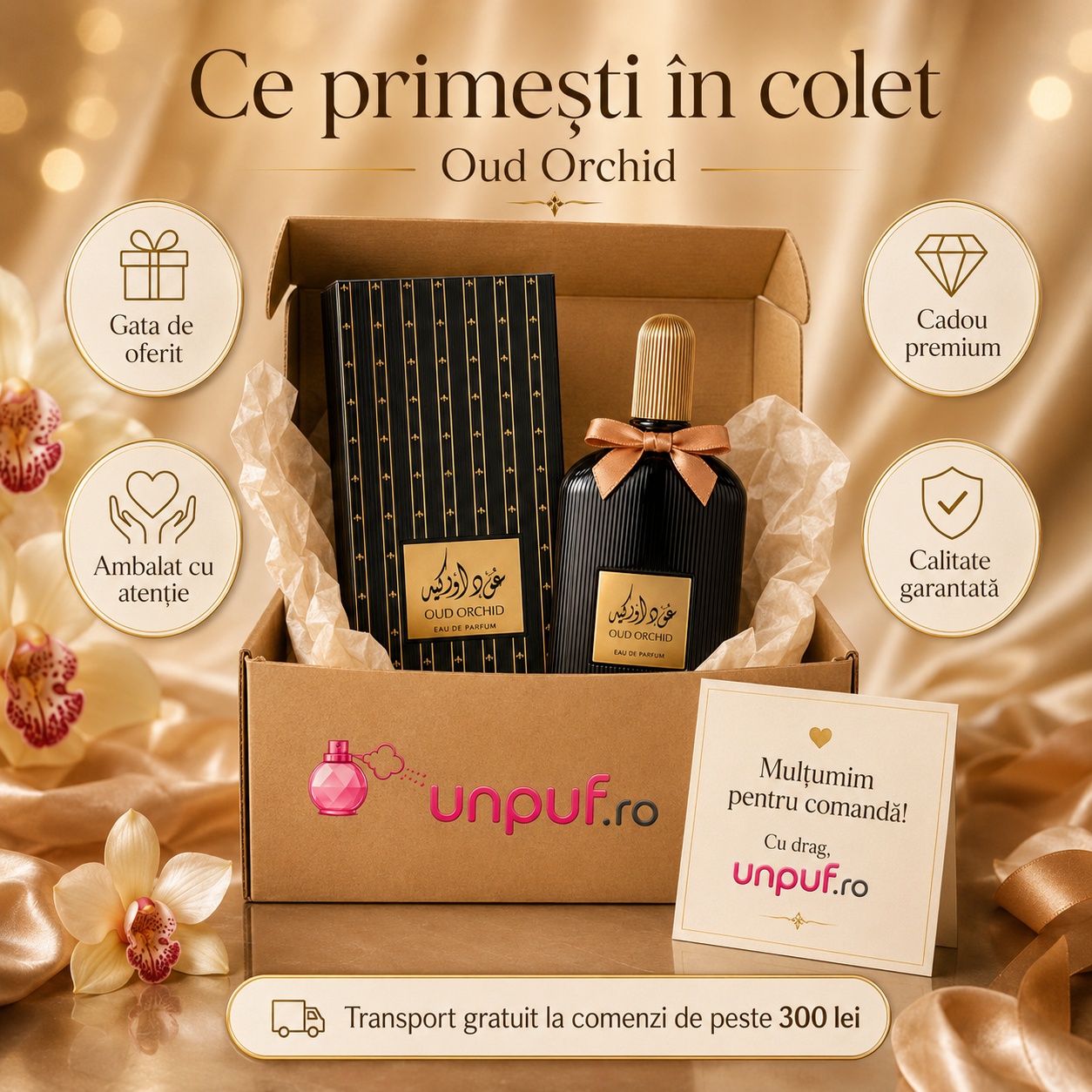 Ce primești în colet Suroori Oud Orchid 100 ml, parfum original, cutie premium și ambalare atentă