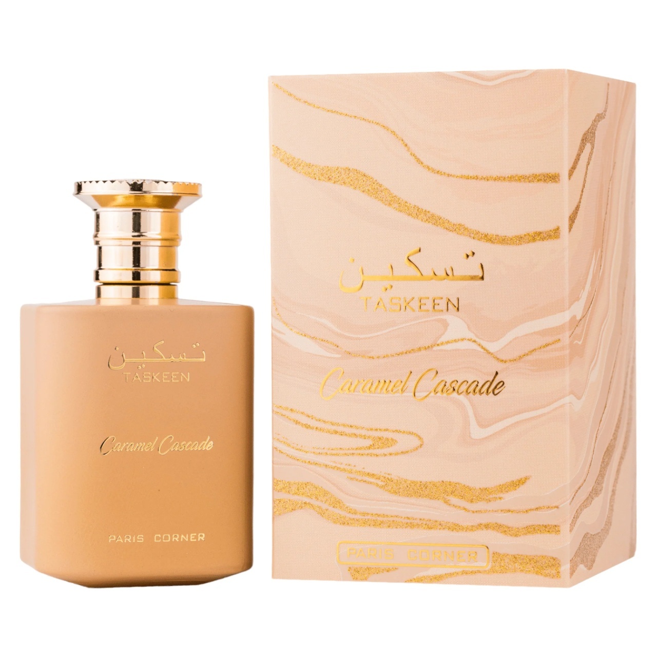 Taskeen Caramel Cascade Paris Corner 100 ml sticlă și cutie pe fundal alb