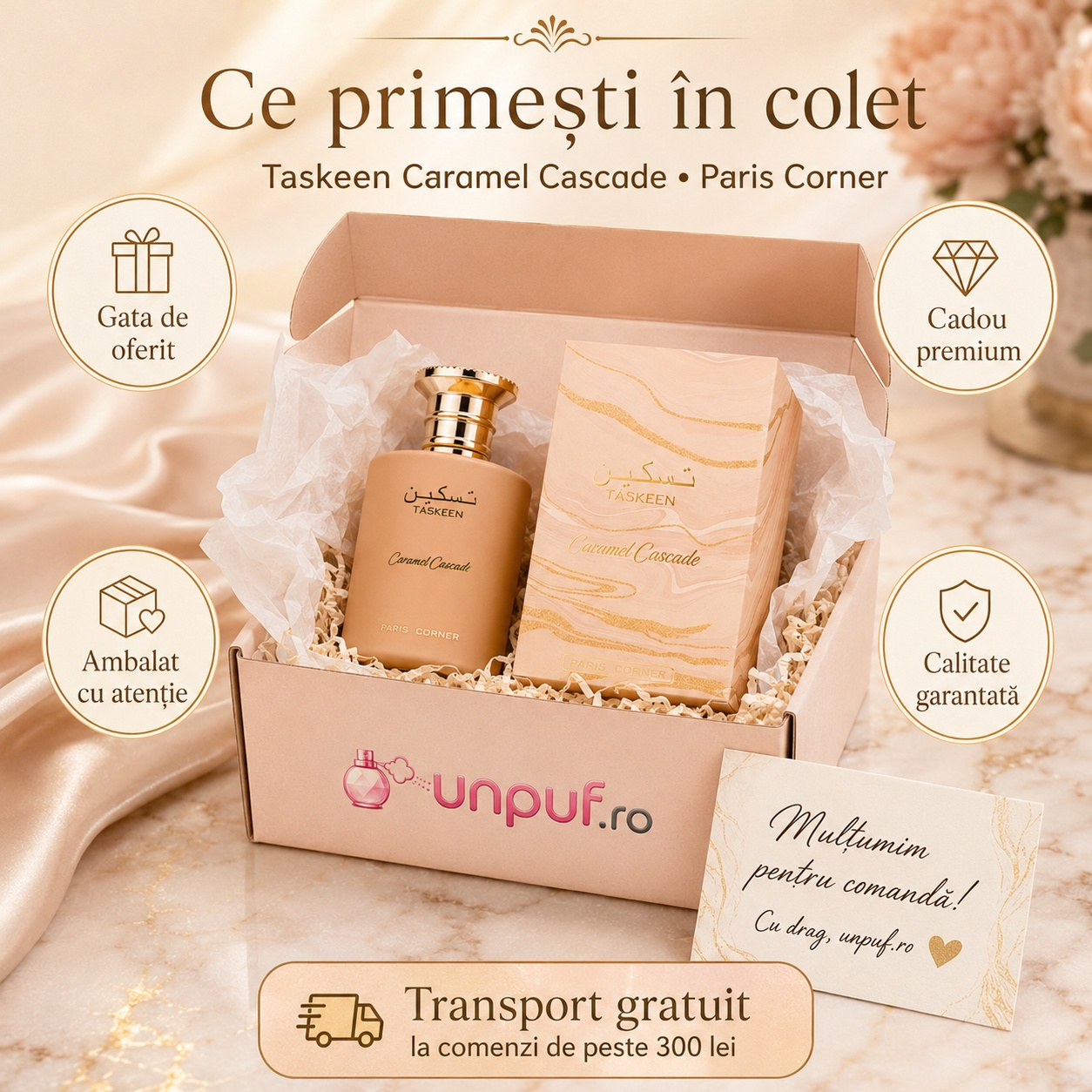 Ce primești &icirc;n colet Parfum Taskeen Caramel Cascade Paris Corner 100 ml ambalat cu atenție gata de oferit cadou