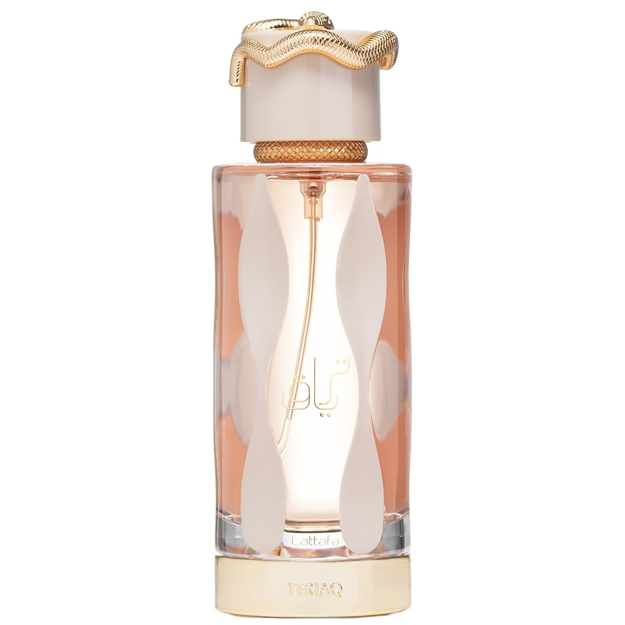 Flacon Teriaq Lattafa 100 ml cu lichid roz piersică, ornamente albe și capac auriu