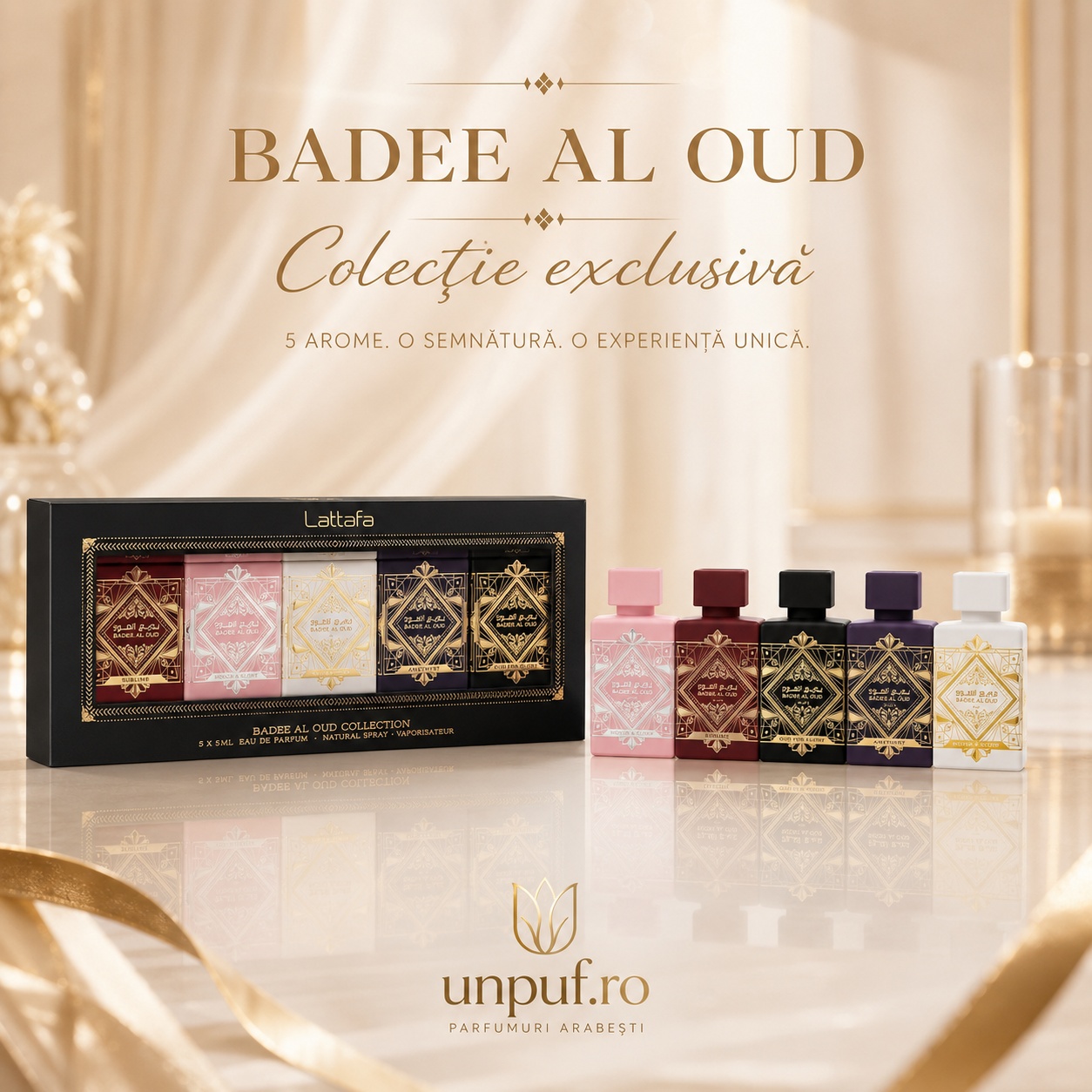 Lattafa Badee Al Oud Collection, set exclusiv cu cinci parfumuri mini unisex