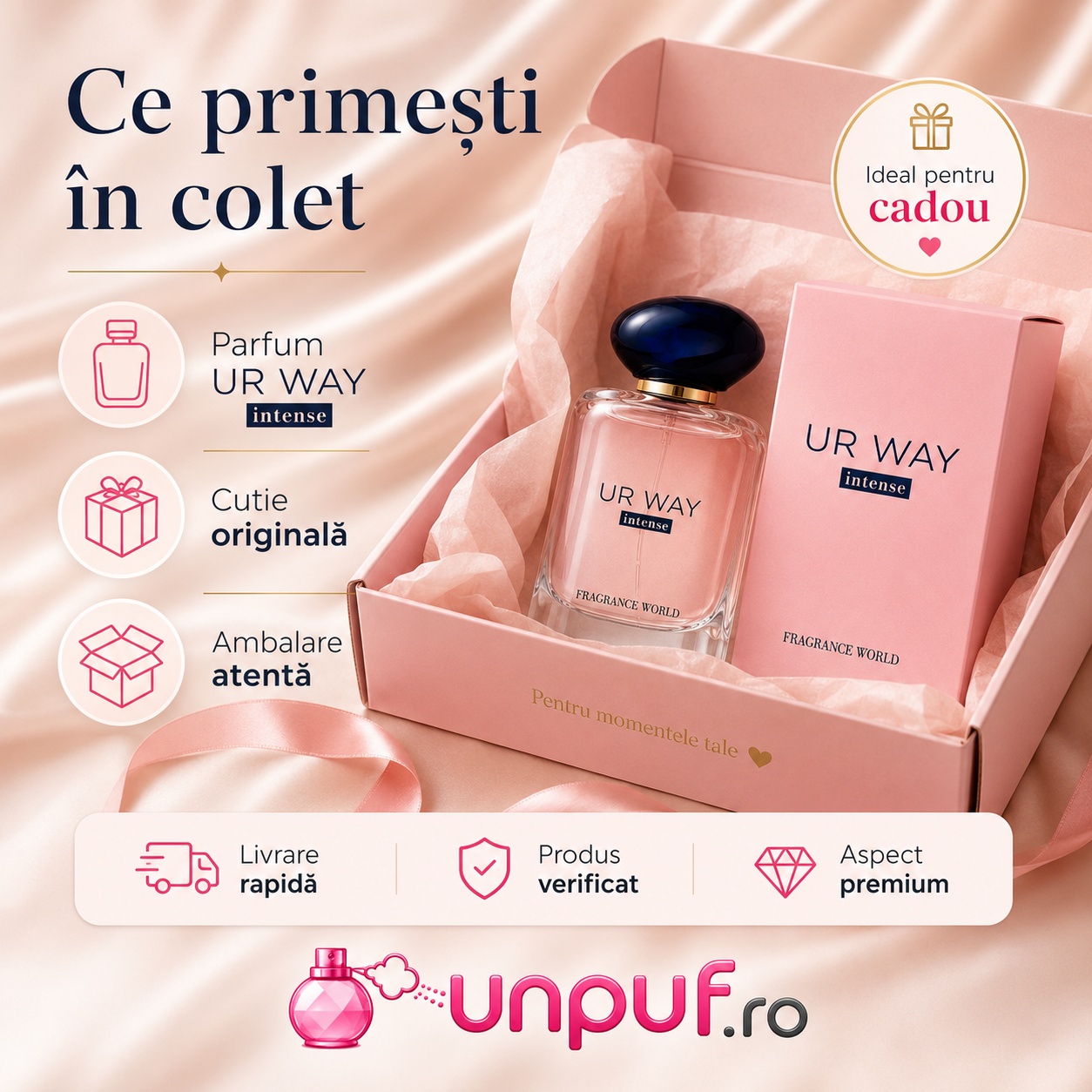 Ce primești în colet UR Way Intense Fragrance World parfum 100 ml ambalat elegant și pregătit pentru cadou
