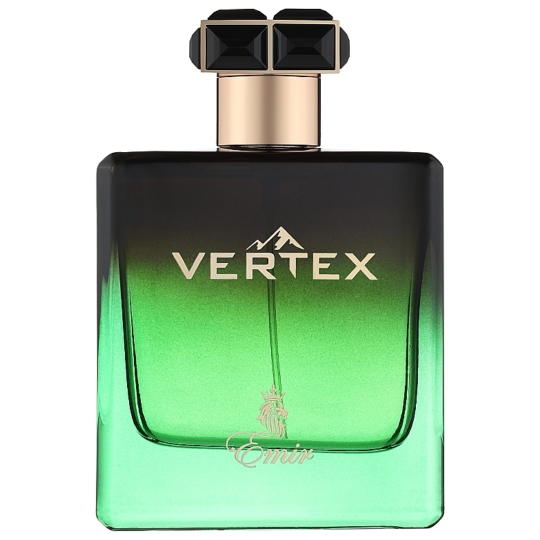 Detaliu flacon Vertex Emir 100 ml cu gradient verde și negru, design masculin premium