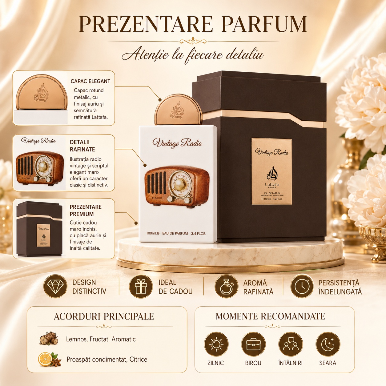Prezentare parfum Vintage Radio Lattafa Pride cu capac elegant, detalii rafinate, cutie premium, acorduri principale și momente recomandate