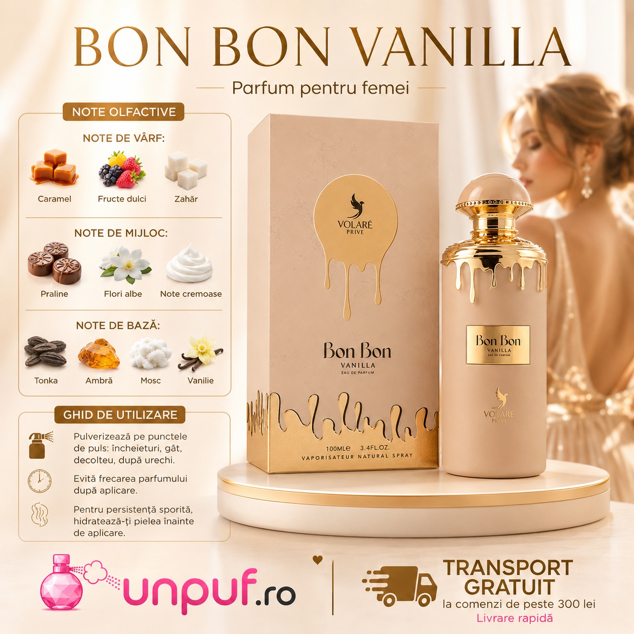 Profil olfactiv Volare Prive Bon Bon Vanilla cu note de caramel, fructe dulci, zahăr, praline, ambră, mosc și vanilie