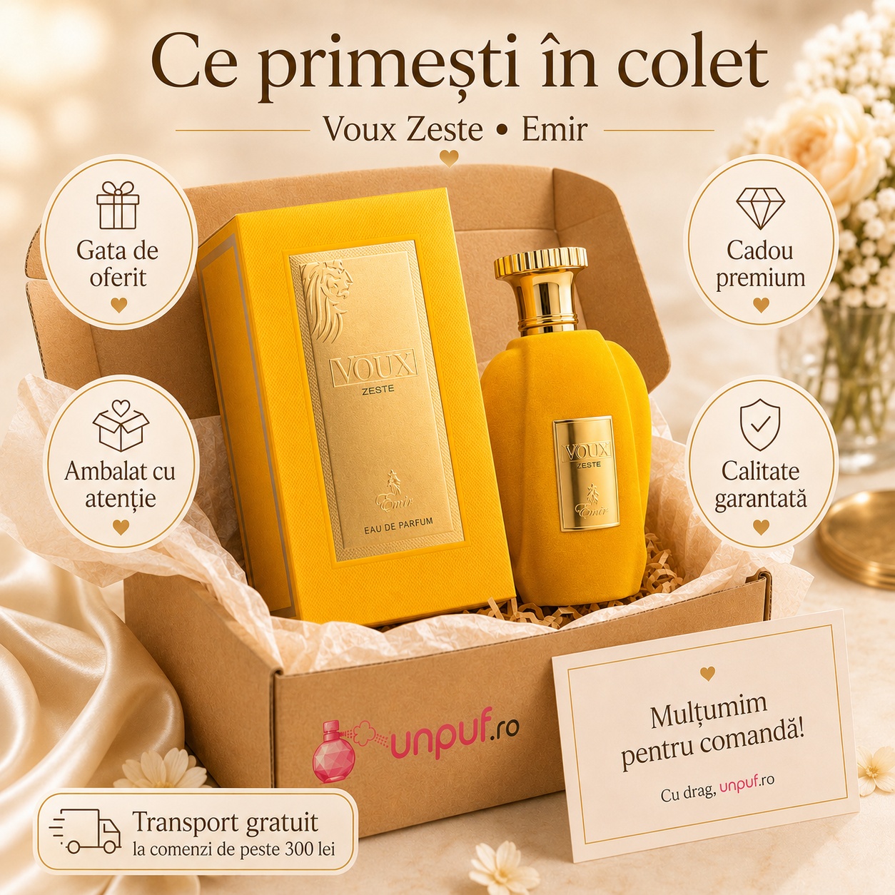 Ce primești &icirc;n colet Parfum Voux Zeste Emir 100 ml ambalat cu atenție gata de oferit cadou