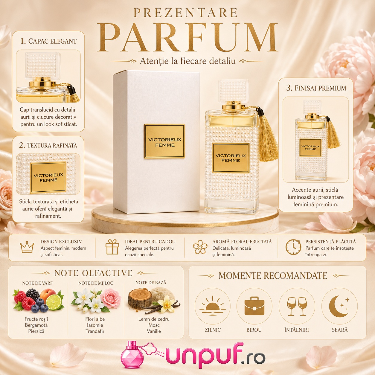 Prezentare parfum Vurv Victorieux Femme cu note olfactive, design premium și momente recomandate