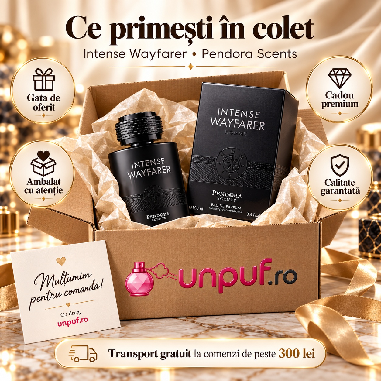 Ce primești în colet Wayfarer Homme Intense Pendora Scents Eau de Parfum 100 ml ambalat premium pentru cadou