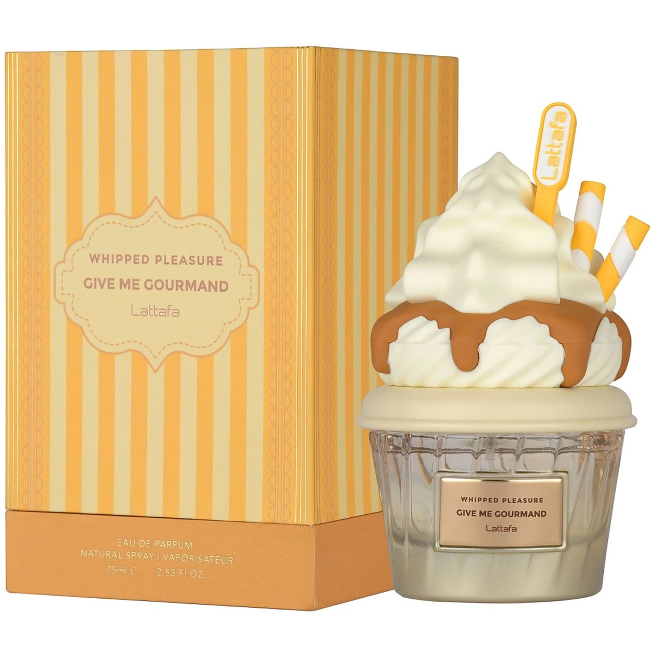 Cutie originală Whipped Pleasure Lattafa 75 ml și flacon parfum arabesc unisex oriental vanilat