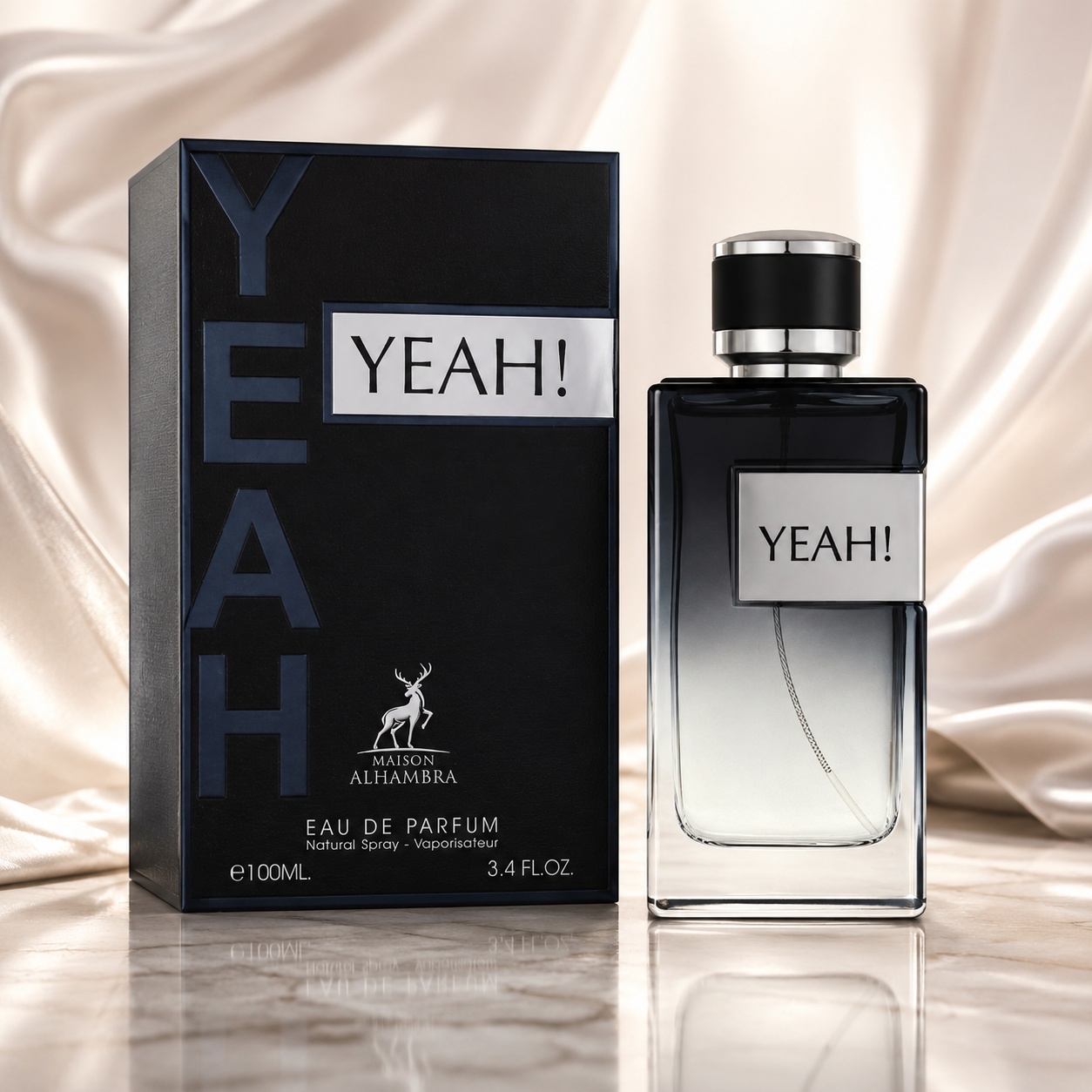 Parfum Arăbesc Yeah Man Maison Alhambra EDP 100 ml Bărbat cu flacon negru &icirc;n degrade, etichetă argintie și cutie neagră premium