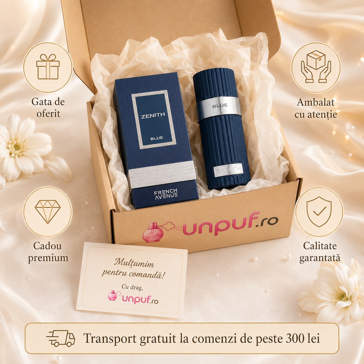 Ce primești în colet la parfumul Zenith Blue, ambalaj premium UnPuf.ro și prezentare cadou