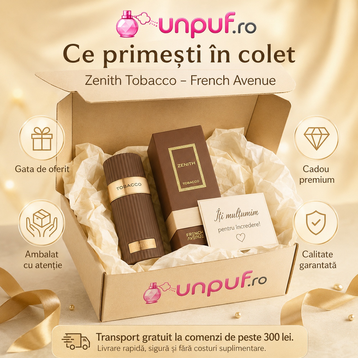Ce primești în colet la parfumul Zenith Tobacco French Avenue, ambalaj premium UnPuf.ro