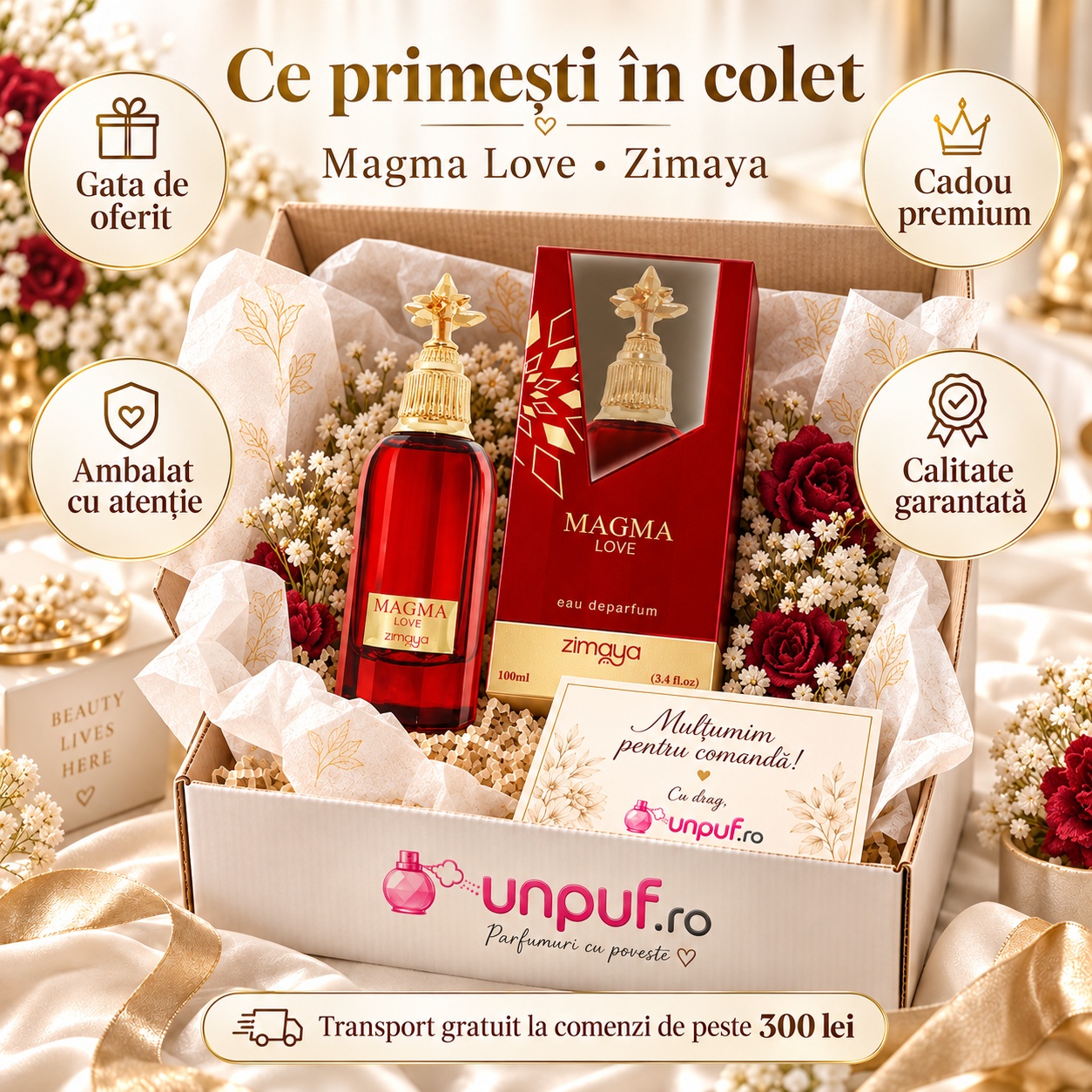 Ce primești în colet la parfumul Zimaya Magma Love 100 ml, ambalaj atent, cadou premium și calitate garantată