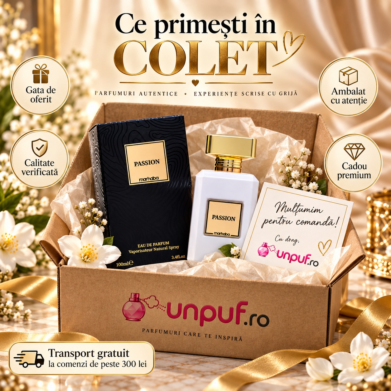 Ce primești în colet Passion Marhaba Eau de Parfum 100 ml ambalat premium pentru cadou