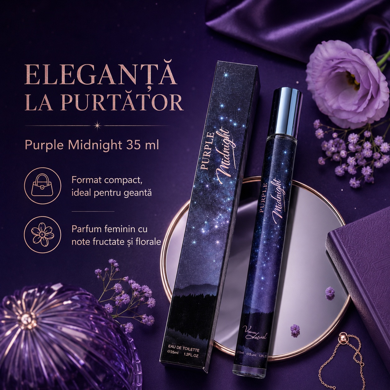 Purple Midnight 35 ml eleganță la purtător, format compact ideal pentru geantă