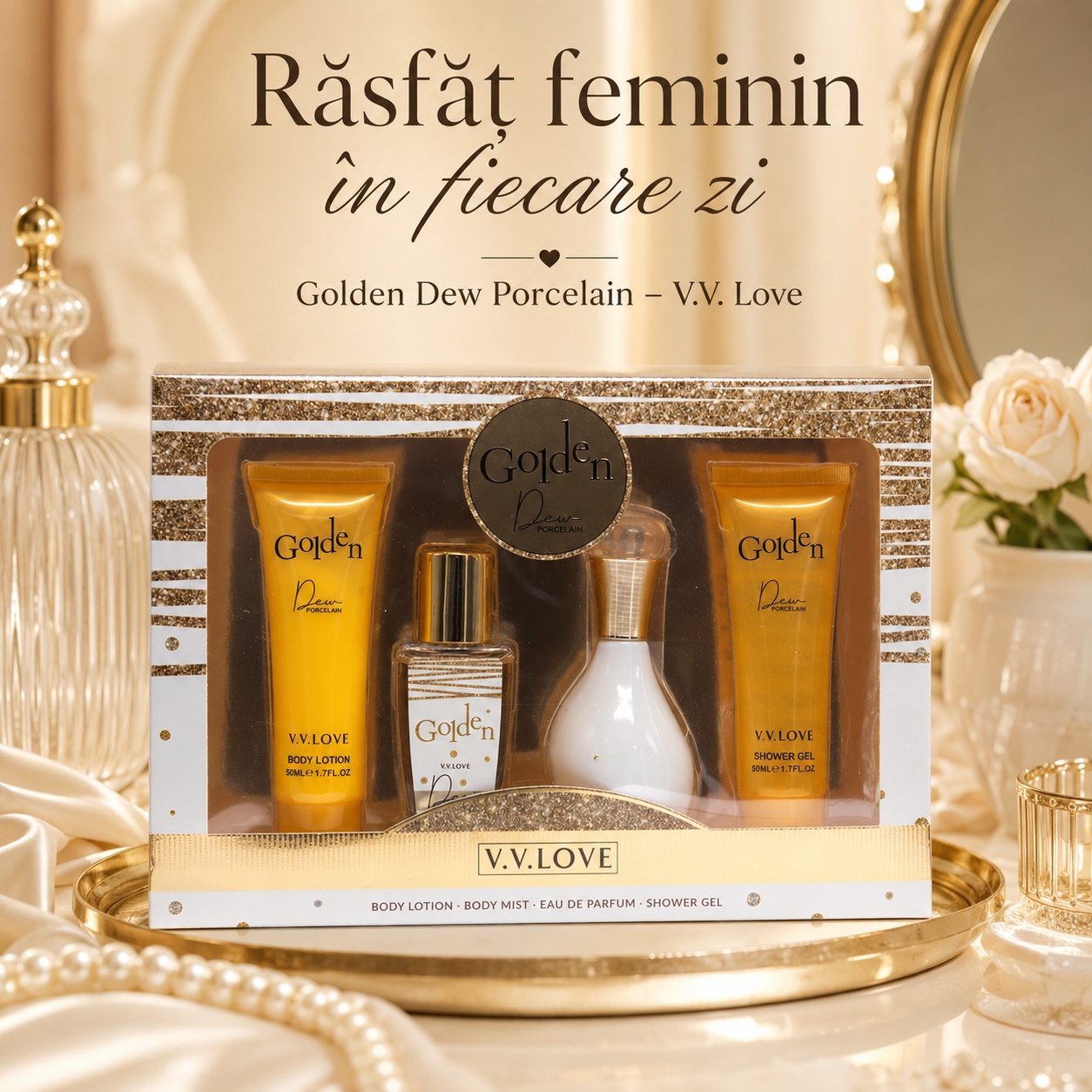 Set complet de &icirc;ngrijire V.V. Love Golden Dew Porcelain