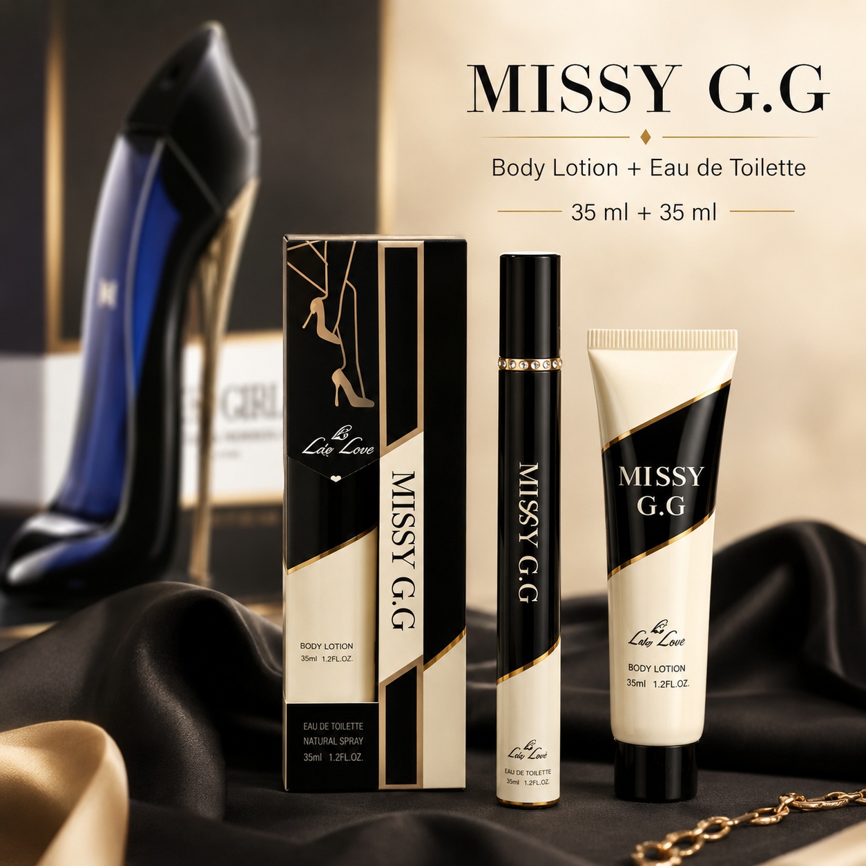 Set Missy G.G 2x35 ml damă, apă de toaletă 35 ml și body lotion 35 ml, inspirat din Carolina Herrera Good Girl