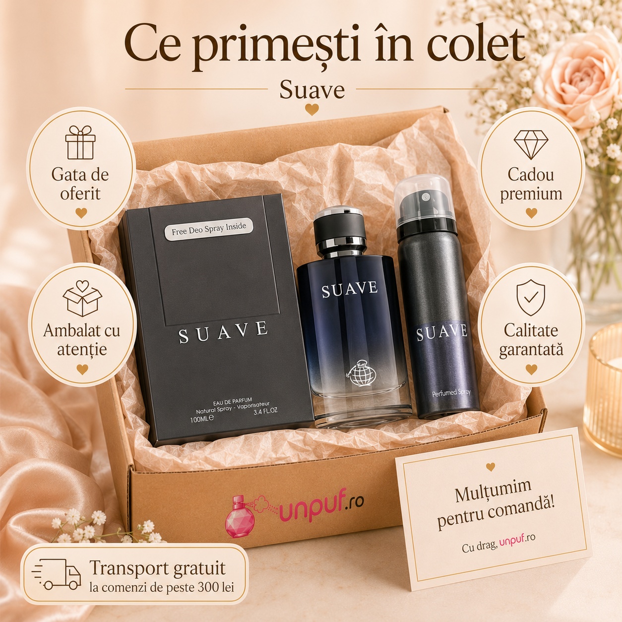 Ce primești în colet Fragrance World Suave, parfum 100 ml și deodorant 50 ml ambalate cu atenție