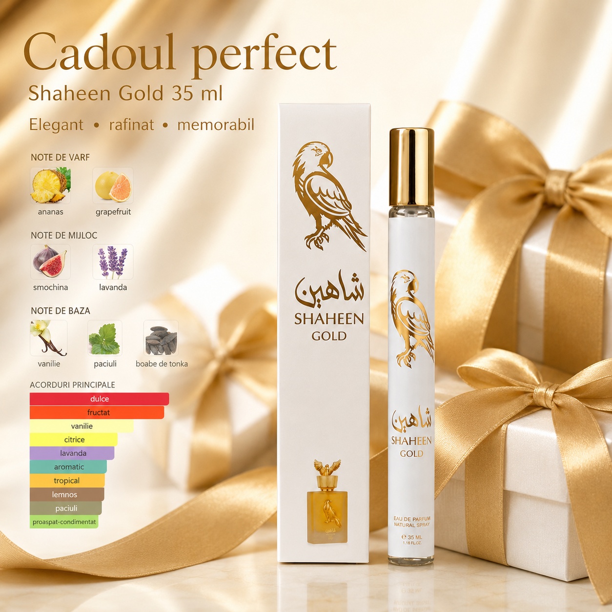 Shaheen Gold 35 ml cadoul perfect elegant rafinat memorabil cu note de ananas grapefruit smochină lavandă vanilie paciuli și boabe de tonka