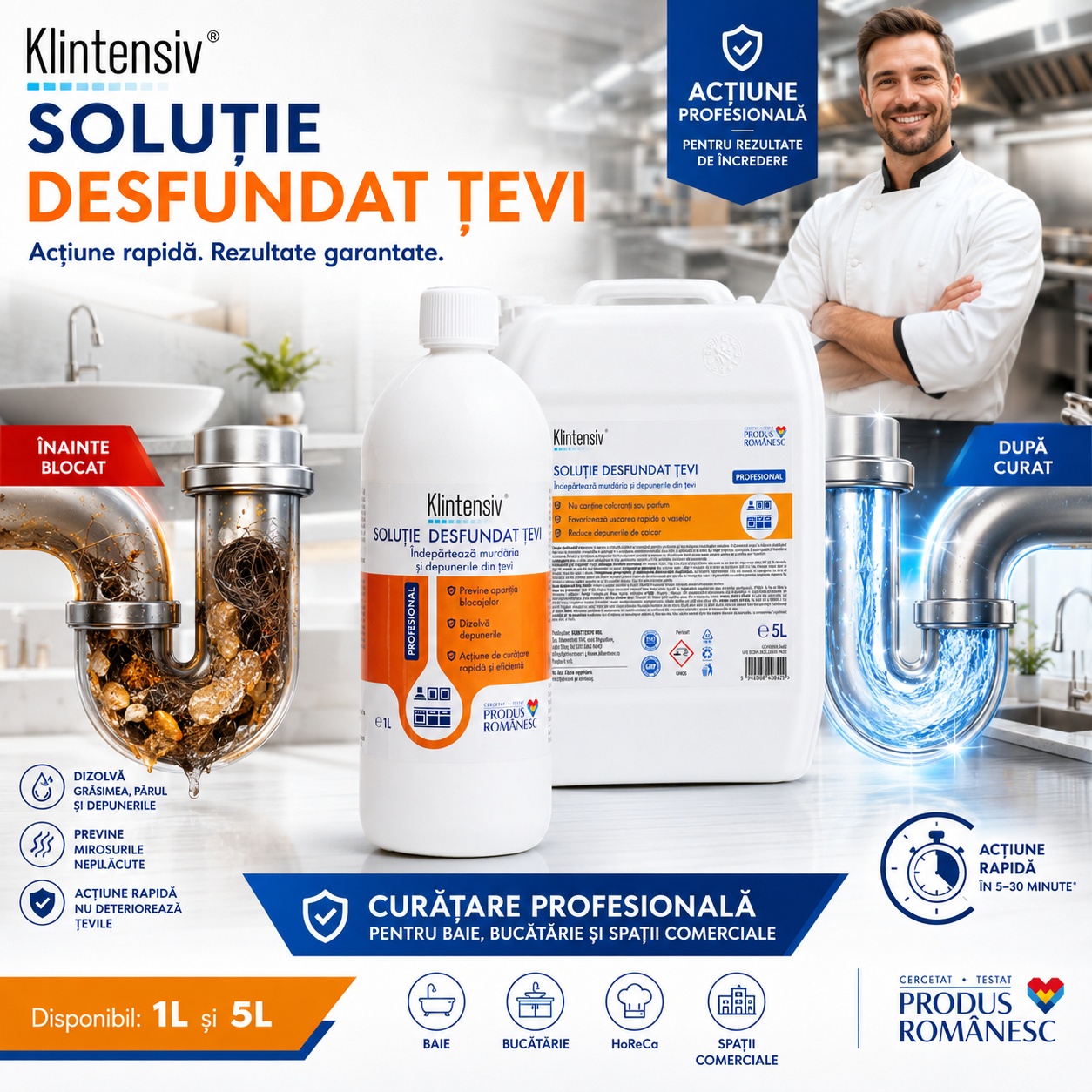 Soluție profesională Klintensiv pentru desfundat țevi baie bucătărie HoReCa și spații comerciale