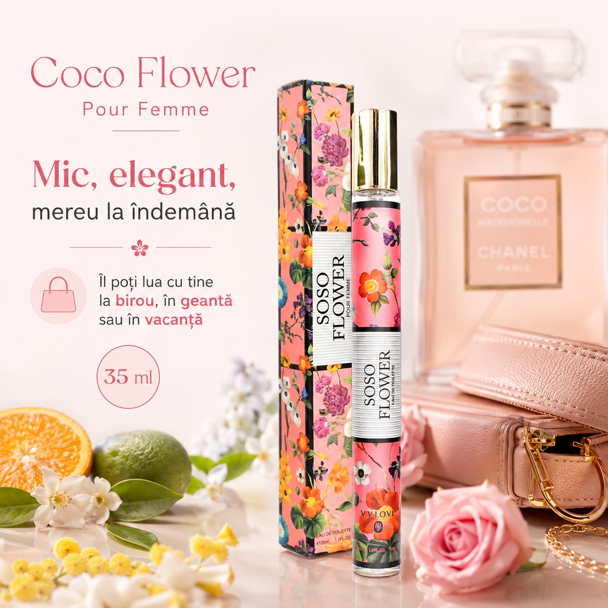 Soso Flower Pour Femme mic elegant mereu la &icirc;ndem&acirc;nă parfum 35 ml pentru birou geantă și vacanță