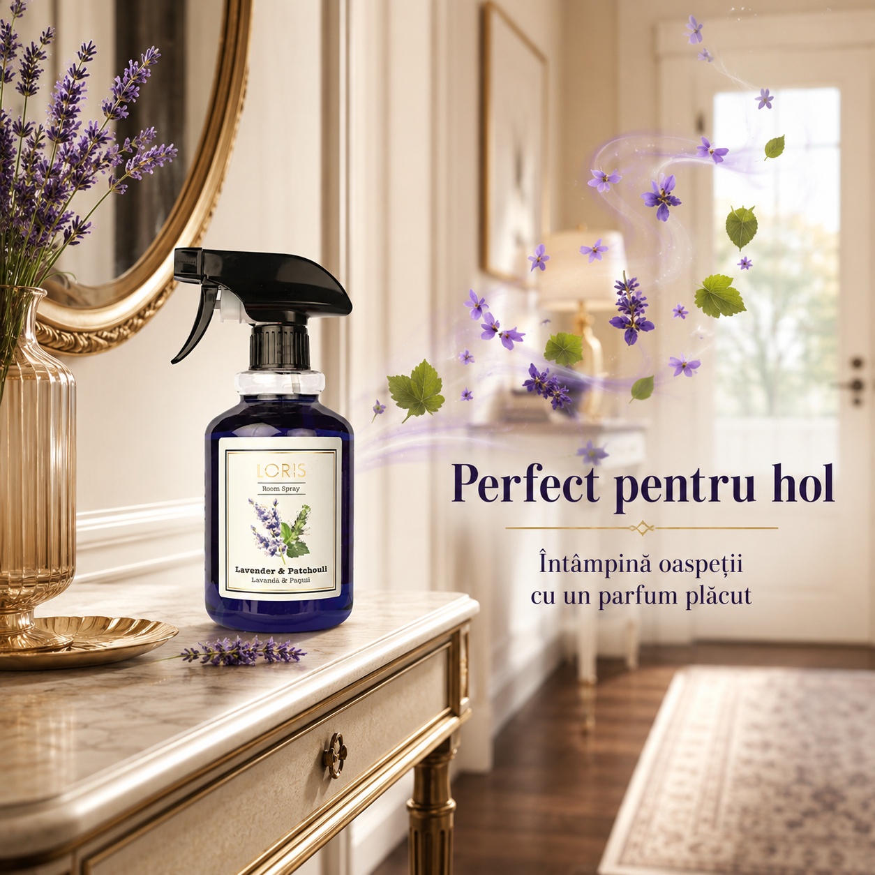 Spray Odorizant Loris Pafum Lavander și Patchouli perfect pentru hol parfum plăcut pentru oaspeți