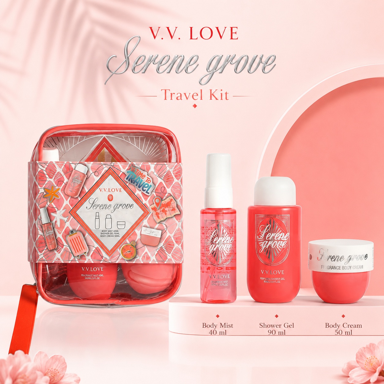 Travel Kit V.V. Love Serene Grove cu Body Mist 40 ml Shower Gel 90 ml și Body Cream 50 ml