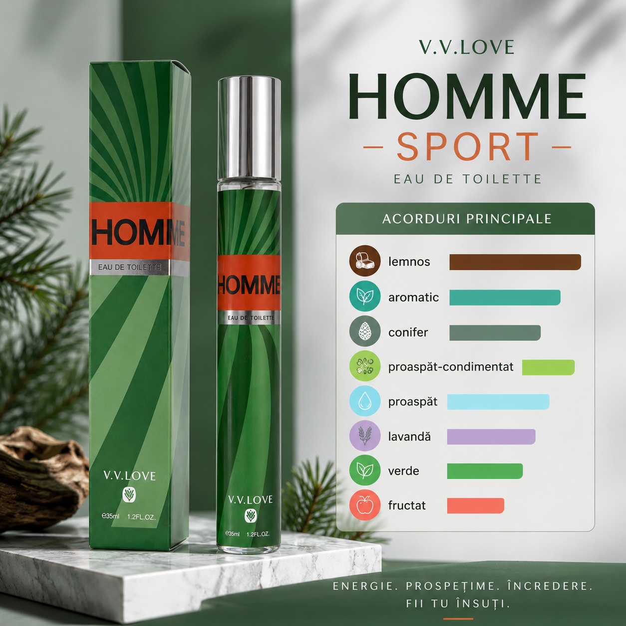 Acorduri principale parfum Homme Sport lemnos aromatic conifer proaspăt lavandă verde fructat