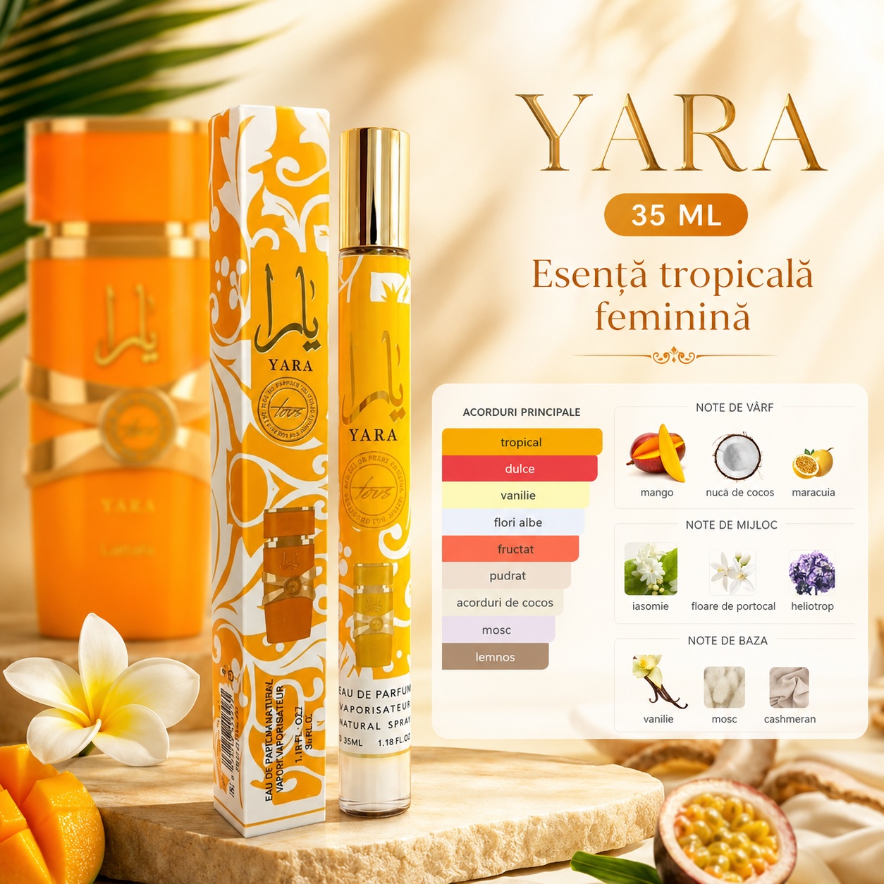 Yara 35 ml esență tropicală feminină, note de mango, cocos, maracuia, iasomie, vanilie și mosc