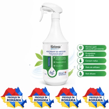 Absorbant de mirosuri Klintensiv, odorizant lichid profesional, gata de utilizare, pentru ghene, grupuri sanitare, holuri, case de scări și spații comune, neutralizează mirosuri persistente, 1 L, 4x Stickere