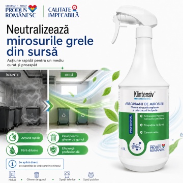 Absorbant de mirosuri Klintensiv, odorizant lichid profesional, gata de utilizare, pentru ghene, grupuri sanitare, holuri, case de scări și spații comune, neutralizează mirosuri persistente, 1 L, 4x Stickere - Img 3