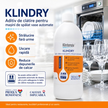 Aditiv de clătire Klintensiv KLINDRY, profesional concentrat, pentru mașini automate de spălat vase și băi de clătire manuală, uscare rapidă, fără urme, 1 L, 4x Stickere - Img 2
