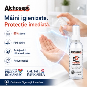 Alchosept dezinfectant igienic și chirurgical prin frecare, 85% etanol, pentru mâini și piele, acțiune rapidă 30-90 secunde, aviz biocid, format portabil, 40 ml, 4x Stickere - Img 3
