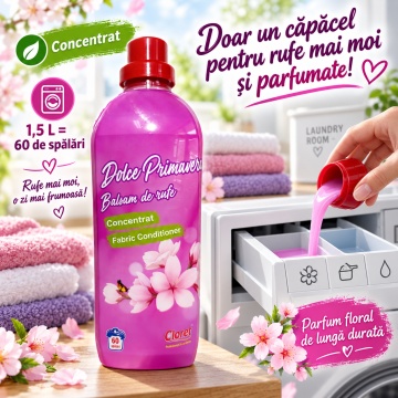 Balsam de Rufe Concentrat Cloret Dolce Primavera, Fabric Conditioner, 60 Spălări, Parfum Floral, Fabricat în România, 1.5L - Img 3