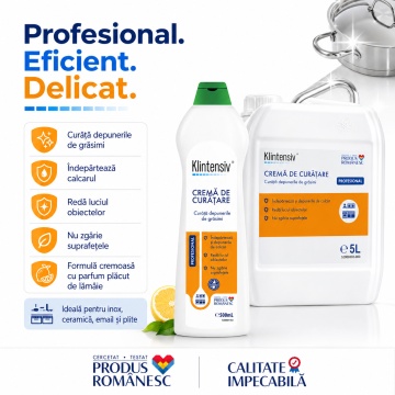Cremă profesională de curățare Klintensiv, formulă concentrată pentru HoReCa și uz profesional, degresează, elimină calcarul, redă luciul suprafețelor, nu zgârie, canistră 5 L, 4x Stickere - Img 5