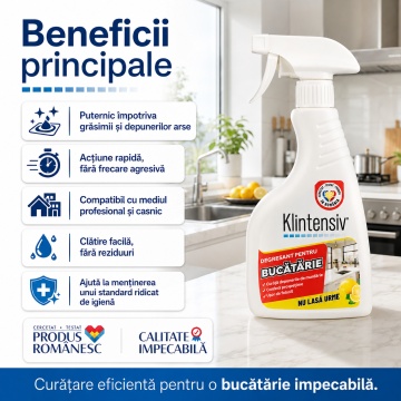 Degresant bucătărie Klintensiv, soluție profesională pentru grăsime arsă și murdărie persistentă, pentru hote, plite, cuptoare, grătare, tăvi, inox și suprafețe lavabile, 500 ml, 4x Stickere - Img 2