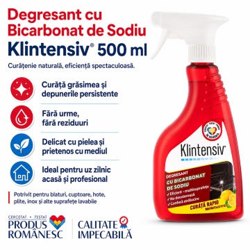 Degresant cu bicarbonat de sodiu Klintensiv, soluție profesională pentru grăsime arsă, pete și murdărie persistentă, fără parabeni, coloranți sau parfumuri artificiale, pentru bucătărie și suprafețe lavabile, 500 ml, 4x Stickere - Img 2