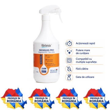 Degresant profesional Klintensiv DEGRASS Pro, gata de utilizare, pentru bucătării și spații de servire, curățare rapidă grăsimi și murdărie, fără clătire, peste 96% biodegradabil, 1 L, 4x Stickere