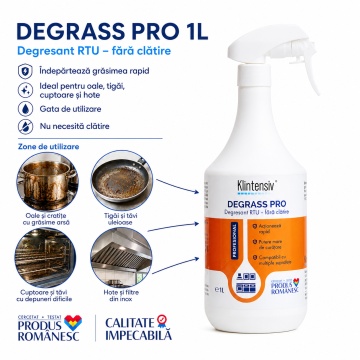 Degresant profesional Klintensiv DEGRASS Pro, gata de utilizare, pentru bucătării și spații de servire, curățare rapidă grăsimi și murdărie, fără clătire, peste 96% biodegradabil, 1 L, 4x Stickere - Img 2