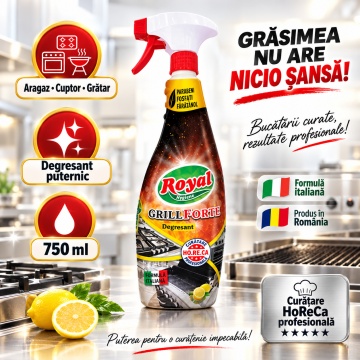 Degresant Royal Hygiene GrillForte, Degresant Profesional pentru Aragaz, Cuptor și Grătar, Formulă Italiană, Curățare HoReCa, Fabricat în România, 750 ml