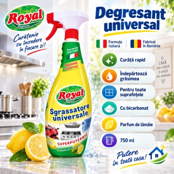 Degresant Universal Royal Hygiene Sgrassatore Universale cu Bicarbonat, Degresant Universal Super Puternic, Parfum Lămâie, Formulă Italiană, Curățare Profesională HoReCa, Fabricat în România, 750 ml - Img 3
