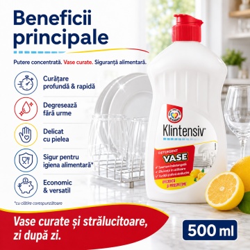 Detergent de vase Klintensiv, lichid concentrat pentru spălare manuală, degresare rapidă, eficient și în apă rece, pentru veselă, tacâmuri, pahare și ustensile, 500 ml, 4x Stickere - Img 3