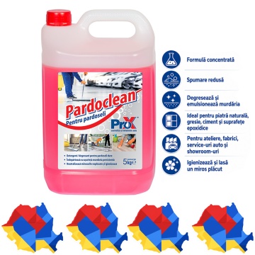 Detergent degresant concentrat pentru pardoseli dure Pardoclean PRO X, spumare redusă, pentru piatră naturală, gresie, ciment, suprafețe epoxidice, ateliere, fabrici, service-uri auto și spații comerciale, 5 kg, 4x Stickere