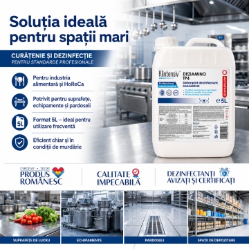 Detergent dezinfectant concentrat DEZIAMINO, pentru suprafețe alimentare, ustensile, echipamente și pavimente, eficient în condiții de murdărie, canistră 5 L, 4x Stickere - Img 3