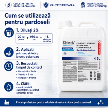 Detergent dezinfectant concentrat Klintensiv Plus, pentru HoReCa, bucătării industriale, depozite și producție alimentară, biodegradabil peste 90%, canistră 5 L, 4x Stickere - Img 5