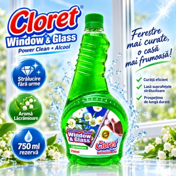 Detergent geamuri Cloret Window & Glass, Rezerva, Soluție Profesională pentru Geamuri și Sticlă, Power Clean + Alcool, Fabricat în România, Lacramioara, 750 ml