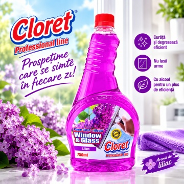 Detergent geamuri Cloret Window & Glass, Rezerva, Soluție Profesională pentru Geamuri și Sticlă, Power Clean + Alcool, Fabricat în România, Liliac, 750 ml - Img 3