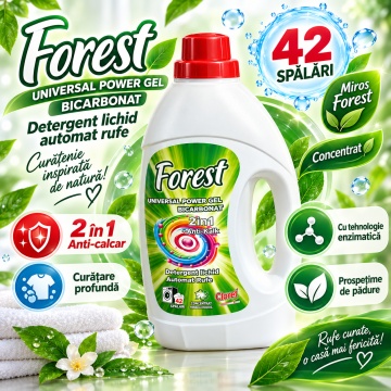Detergent Lichid Automat Rufe Cloret Universal Power Forest, Gel Concentrat, 42 Spălări, 2 în 1 Anticalcar, Enzyme Technology, Parfum Forest, 1.5 L - Img 3
